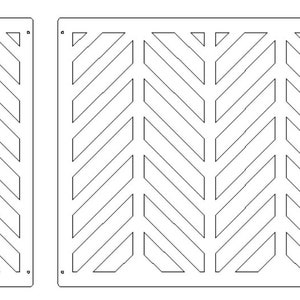 Puede incluir: Dos paneles geométricos blancos con un patrón de chevrón repetido. Los paneles son rectangulares y cuadrados, con pequeños agujeros en cada esquina. El diseño está recortado de los paneles, creando un efecto de espacio negativo.