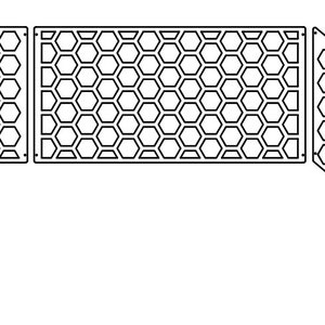 Puede incluir: Tres paneles de metal negro con un patrón de panal. Los paneles están dispuestos en forma de L.