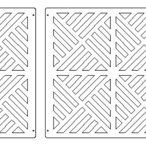 Puede incluir: Dos paneles de patrón geométrico en blanco y negro con un diseño repetitivo de triángulos y líneas. Los paneles están hechos de un material que parece metal.