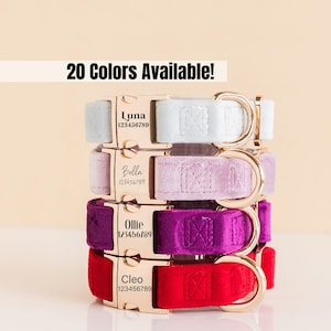 May include: Four velvet dog collars in different colors, stacked on top of each other. The collars are personalized with names and numbers. The collars are available in 20 colors.