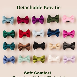 May include: A collection of 18 velvet bow ties in various colors, including teal, red, purple, green, pink, blue, brown, black, beige, and lavender. The bow ties are arranged in a grid pattern on a light pink background. The text "Detachable Bow tie" is at the top of the image, and the text "Soft Comfort Premium Velvet Material" is at the bottom.