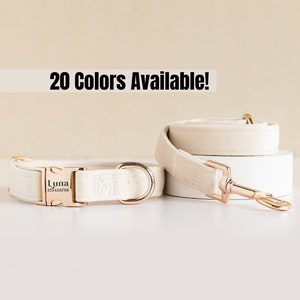 May include: A white leather dog collar and leash set with gold hardware. The collar has a personalized name tag that reads "Luna 123456789". 20 Colors Available!