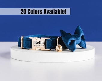 Personalized Luxury Cat Collar Gift Set with Leash and Bowtie for Cat Owners Blue Velvet Matching Engraved Cat Collar and Leash with Bell
