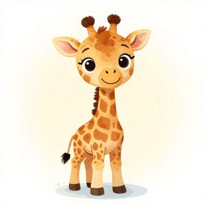 Puede incluir: Ilustración en acuarela de una jirafa sonriente. La jirafa tiene un pelaje marrón claro con manchas marrones oscuras, ojos grandes y negros y pequeños cuernos marrones. El fondo es de color blanco roto.