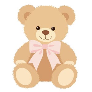 Könnte beinhalten: Ein hellbrauner Teddybär mit einer hellrosa Schleife. Der Bär hat eine braune Nase und schwarze Augen. Der Bär sitzt mit ausgestreckten Armen und Beinen.