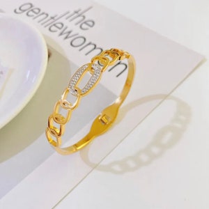 Gold bracelet with cubic zircon - stainless steel - waterproof- open bangle - 7 inches around