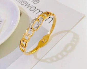 Pulsera de oro con circonitas cúbicas - acero inoxidable - resistente al agua - brazalete abierto - 7 pulgadas alrededor