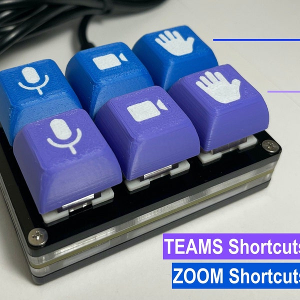 MuteKeys for Zoom + Teams: Mic Mute / Video Mute / Raise Hand | Plug and Play USB - No Software Install (Blue Keys = Zoom, Purple = Teams)