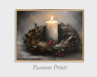 May include: A white candle with a flame burning brightly sits in the center of a green wreath decorated with red berries and pine cones. The wreath is on a wooden surface.