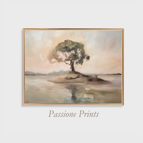 Solitary Tree Printable Art | Serene Landscape Print | Pastel Sunset Wall Decor | Impressionist Nature Artwork | Calm Reflection Home Accent