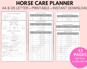May include: A printable horse care planner with sections for general information, vaccinations, deworming, dental, and veterinary records. Includes a feed supplements log and training records. The planner is 8.5" x 11" and has 13 pages.