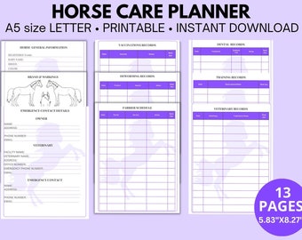 May include: A printable horse care planner with sections for general information, vaccinations, dental records, and more. The planner includes 13 pages and measures 5.83" x 8.27". The cover features the text "HORSE CARE PLANNER" and "A5 size LETTER • PRINTABLE • INSTANT DOWNLOAD".