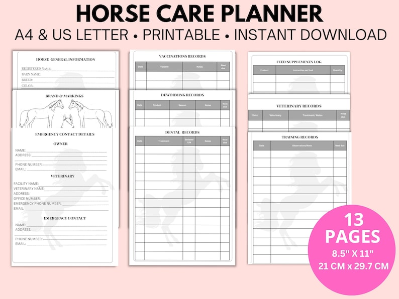 Horse Care Planner Horse Record Keeping Journal Printable Equine ...