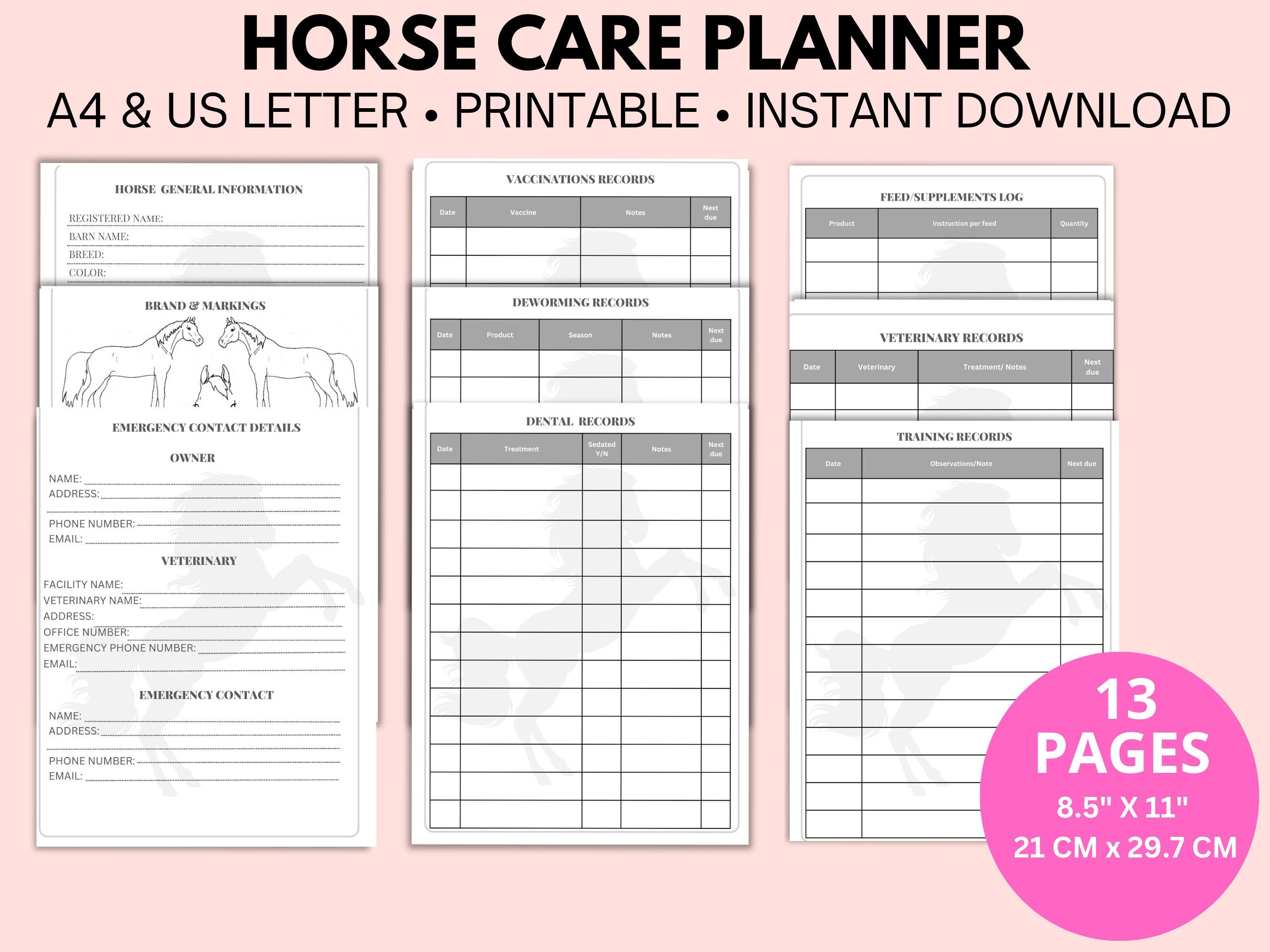 Horse Care Planner Horse Record Keeping Journal Printable Equine