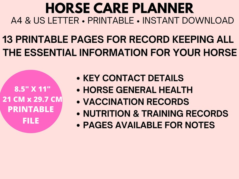 Horse Care Planner Horse Record Keeping Journal Printable Equine