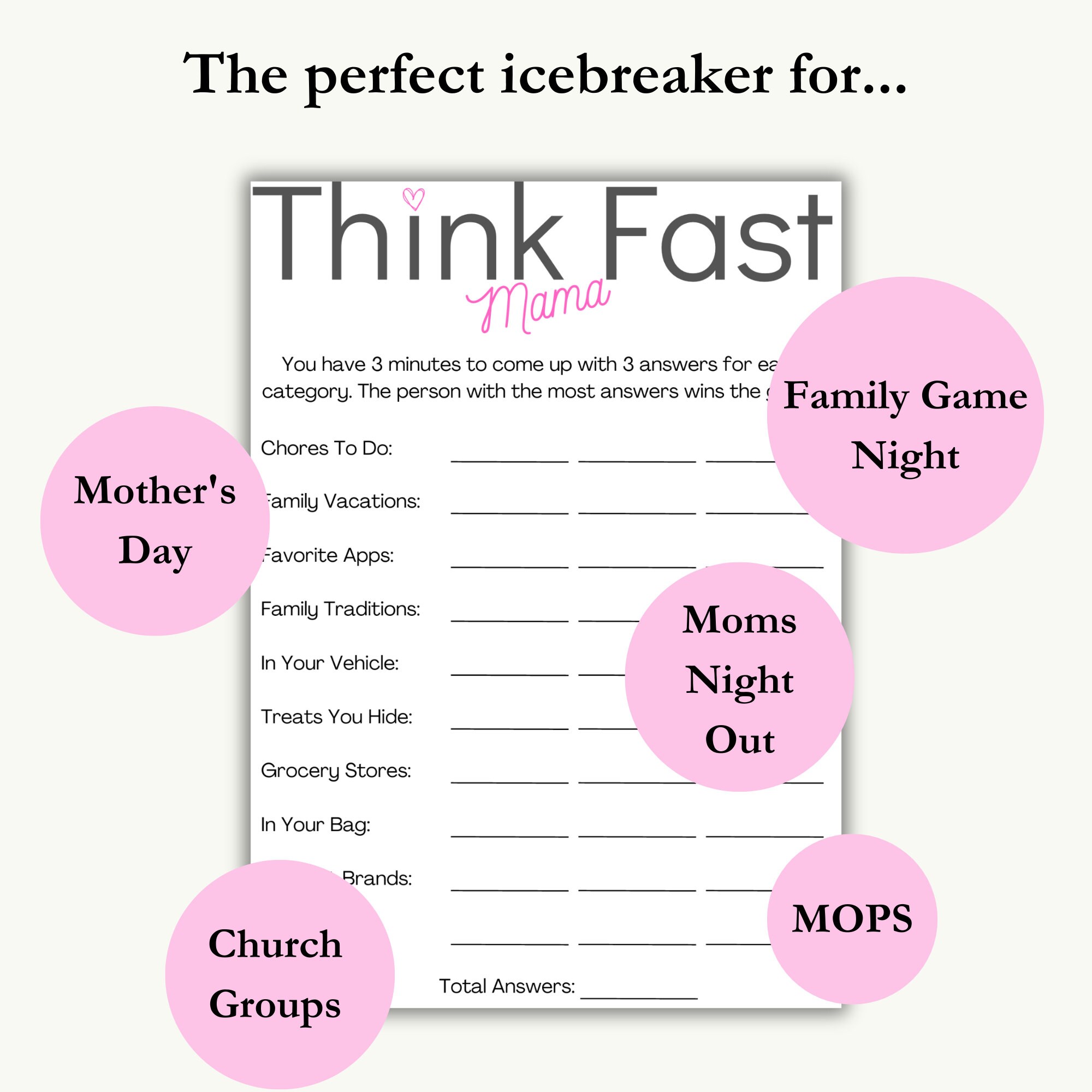 Think Fast Printable Game, Moms Group Icebreaker, MOPS, Moms Night Out