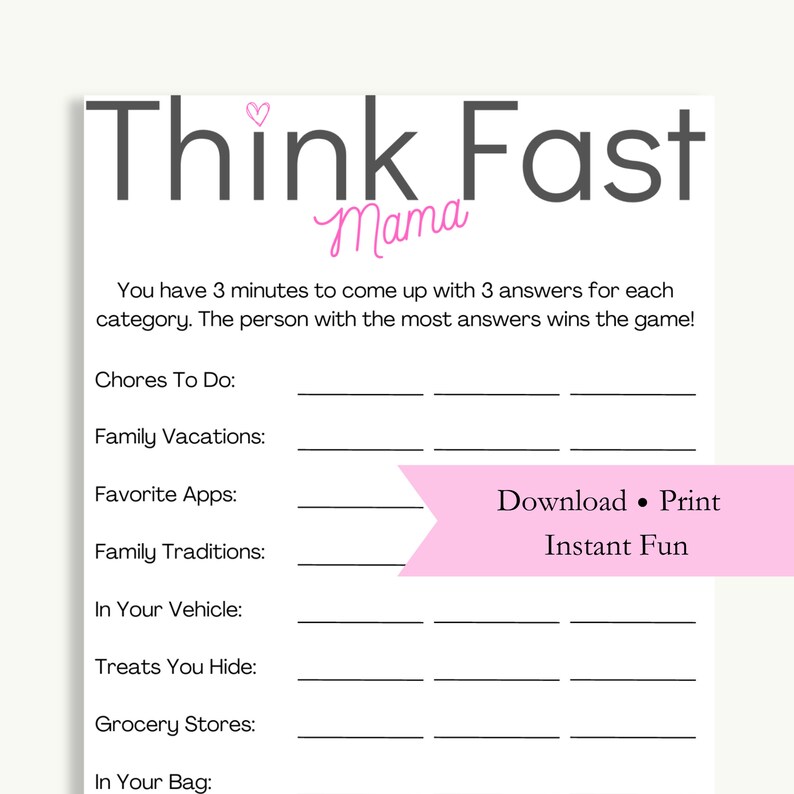 Think Fast Printable Game Moms Group Icebreaker MOPS Moms Etsy
