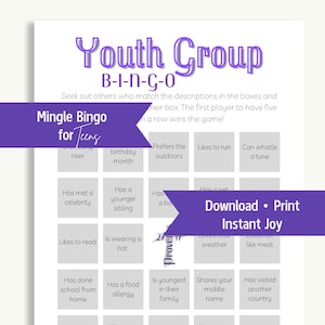 May include: A purple and white bingo card with the title "Mingle Bingo for Teens" and the words "Youth Group B-I-N-G-O" at the top. The bingo card has 25 squares with different prompts for players to find other people who match the descriptions. The prompts include "Has met a celebrity", "Is wearing a hat", "Has a food allergy", "Is youngest in their family", and "Has visited another country".
