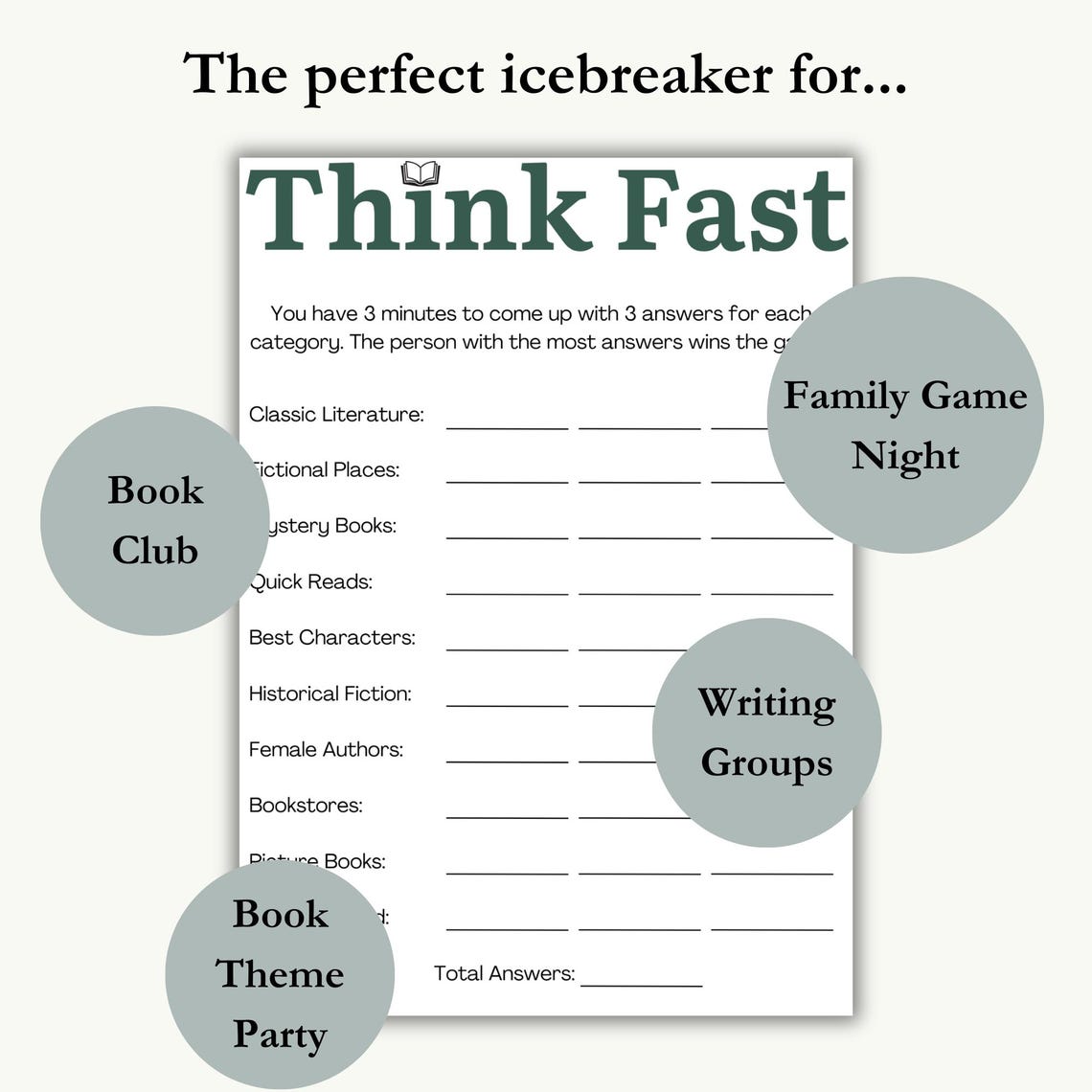 Book Club Think Fast Printable Game, Writing Group, Book Theme Party ...