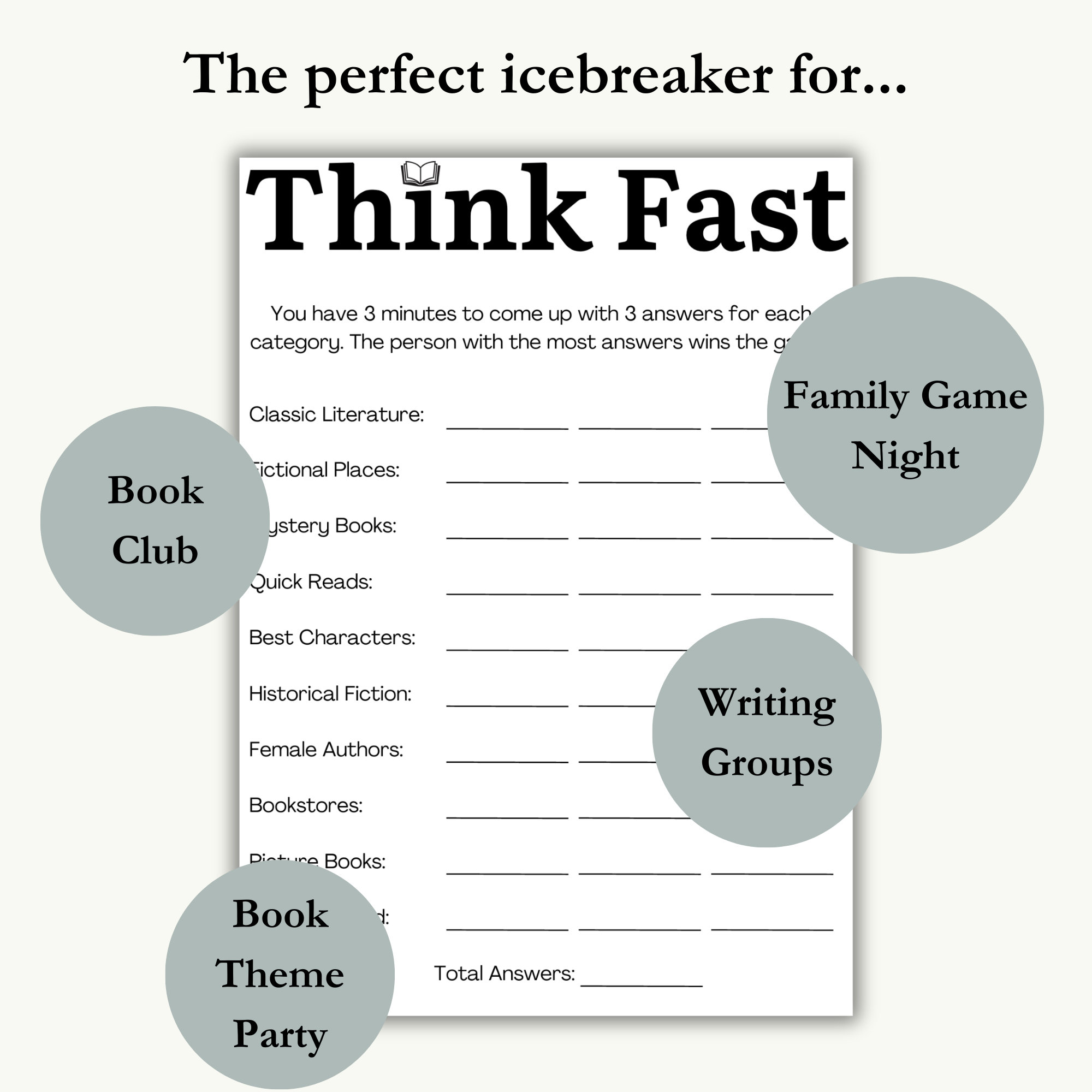 Book Club Think Fast Printable Game Writing Group Book Theme Etsy