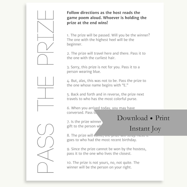 Pass the Prize Game Modern Minimalist - Instant Download, Print for Family Reunion, Retirement, Office Party, Birthday, Shower, Graduation