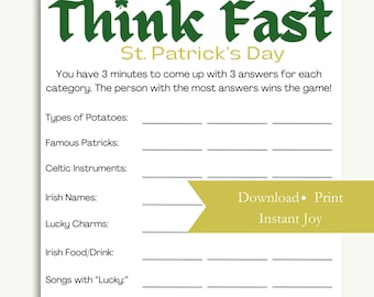 St. Patrick's Day Think Fast Printable Game, Instant Download for Parties, Family Game Night, Small Group