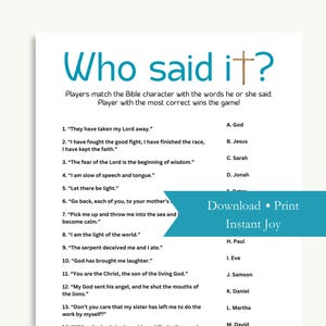 Who Said It? Bible Game, Printable Bible Verse Trivia Download for Youth Group, Sunday School, Bible Study, Christian Retreat