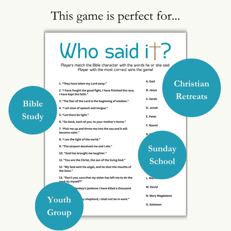 May include: A printable game for Christian retreats, Sunday school, youth groups, or Bible study. The game is called "Who Said It?" and asks players to match Bible characters with their famous quotes.