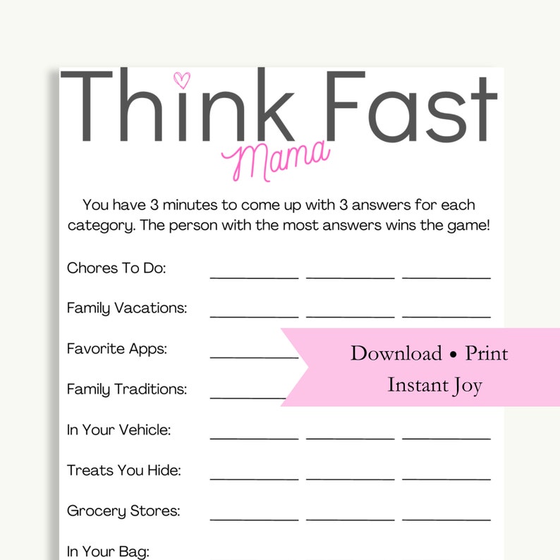 Think Fast Printable Game, Moms Group Icebreaker, MOPS, Moms Night Out