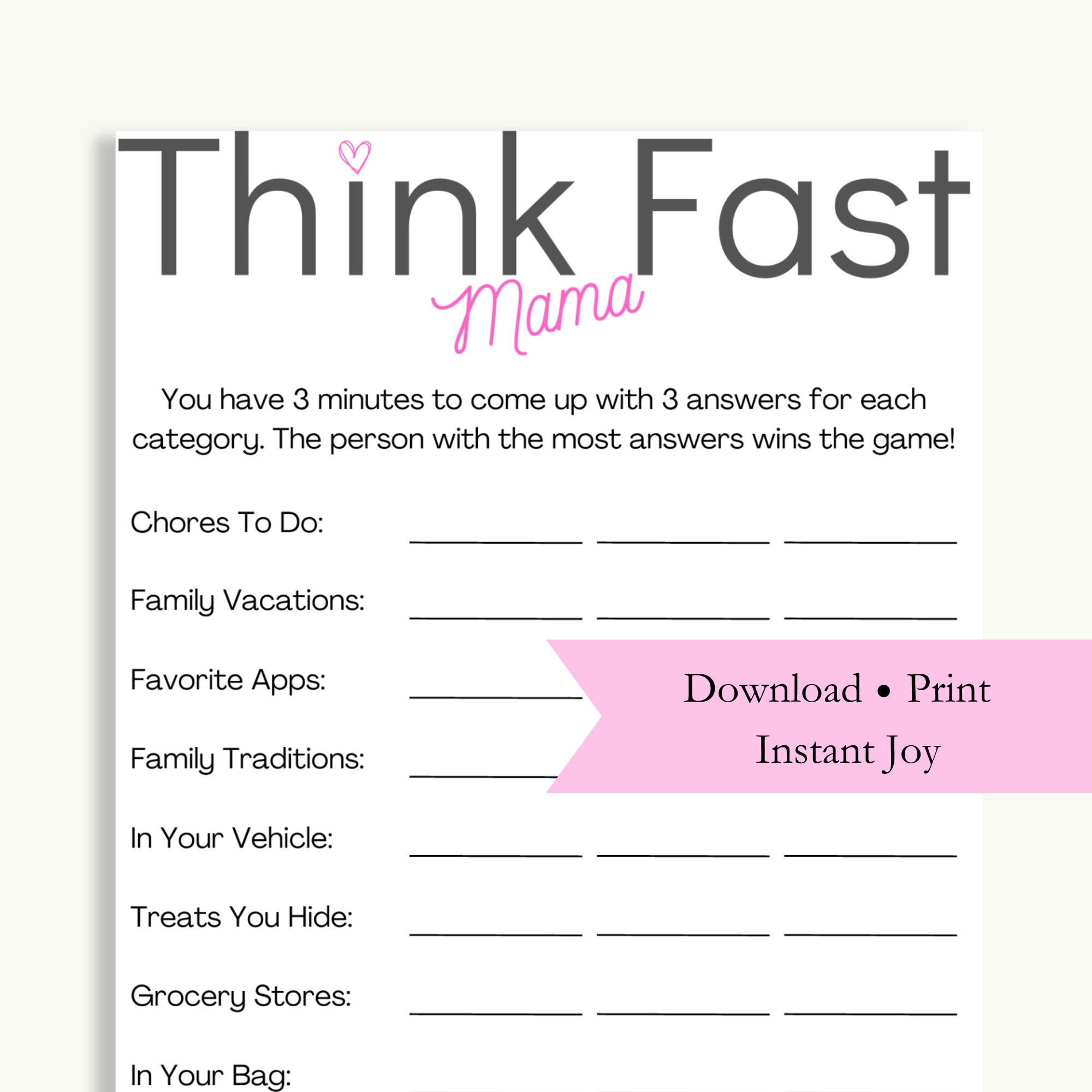 Think Fast Printable Game, Moms Group Icebreaker, MOPS, Moms Night Out