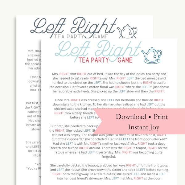 Tea Party Left Right Game, Instant Download Printable