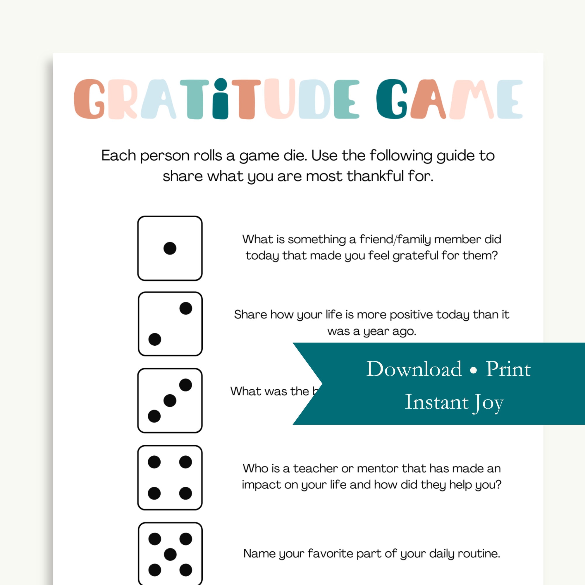 Gratitude Game Instant Printable Download Dice Game for Fall Party Gratitude Game Instant Printable Download Dice Game for Fall Party