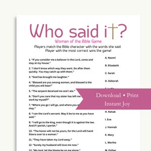 Wer hat es gesagt? Frauen der Bibel Spiel, druckbare Bibel Vers Trivia für Frauen Dienst, Sonntagsschule, Bibelarbeit, christlichen Rückzug