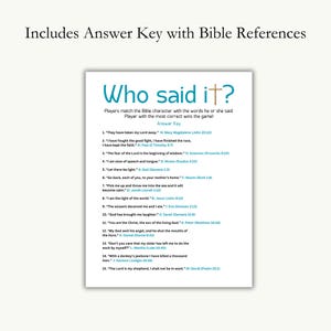 May include: A printable game for kids featuring a colorful title "Who Said It?" with a cross symbol. The game includes a list of 15 Bible verses with the corresponding speaker and Bible reference.