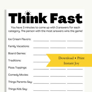 Think Fast Printable Game, Family Game Night, Family Reunion, Small Group Icebreaker