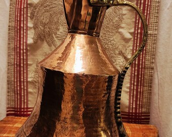 Antique Hammered Copper Ewer with Dovetail Seams and Brass Handles; Middle Eastern Lidded Water Pitcher-Wine Vessel; 17 inch Height 6.5lb