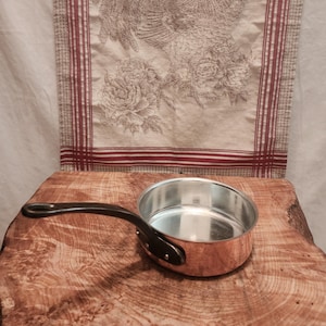 French Copper Sauté Pan with 16cm-6.25 inch diameter with clean tin lining; Made In France Baumalu Deep Copper Sauté Pan 1.5 pounds