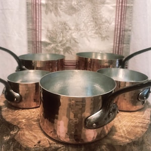5-Piece set of Havard Copper Saucepans 12-20cm 4.75-8 inch diameters with Clean Tin Linings 2.2-2.5mm @ rim; 6.915kg or 15.2 pounds