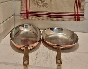 Pair of Vintage Waldow Copper Pans: 22cm-8.75 inch diameter sauté pan and 29cm-11.5 inch fish pan; Clean tin linings and ready for use