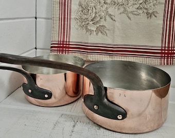 Pair of Vintage French Copper saucepans 20cm-7.75 inch and 24cm 9.5 inch diameter; French Casserole Russe Saucepans Nearly 8 pounds