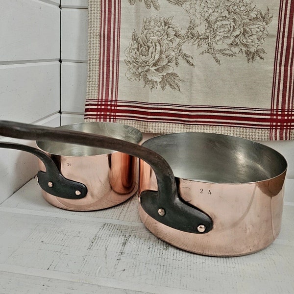 Pair of Vintage French Copper saucepans 20cm-7.75 inch and 24cm 9.5 inch diameter; French Casserole Russe Saucepans Nearly 8 pounds