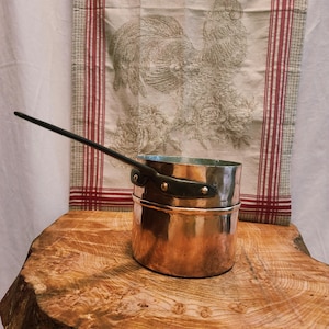 Antique Tall Copper Saucepan with Wrought Iron Handle and Dovetail Seam 16cm-6.25 inch diameter; Antique Copper Milk Pan 2.5lb; Bain-Marie
