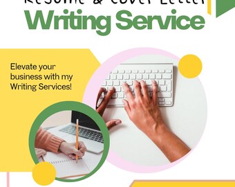 May include: A promotional graphic for a resume and cover letter writing service. The design features the text "Resume & Cover Letter Writing Service" in black and green, with additional text promoting the service. The graphic includes images of a person typing on a keyboard and writing with a pencil.