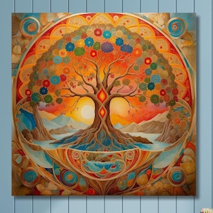 Tree of Life Mandala, Yggdrasil Canvas  Painting, Mosaic Stained Glass Print, Mythology Gift, World Tree, Celtic Wall Art,Vibrant Mandala/11