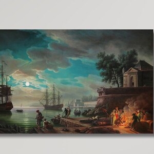 Claude Joseph Vernet seaport by moonlight Art Canvas Wall Art,Claude Joseph Vernet Seaport by moonlight Poster Print Art,Gift for Sailors/1