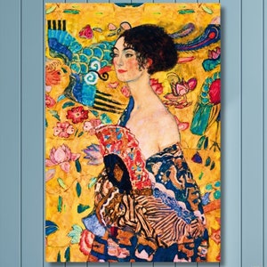 Gustav Klimt Canvas Wall Art, Gustav Klimt Lady With Fan, (1917) Fine Art Poster,Gallery Clothes Girl Colourful Flowers Woman Painting Gifts