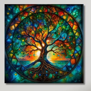 Tree of Life Mandala, Yggdrasil Canvas  Painting, Mosaic Stained Glass Print, Mythology Gift, World Tree, Celtic Wall Art,Vibrant Mandala/14