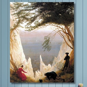 Puede incluir: Una pintura que representa una escena de acantilado con dos figuras de pie en una cornisa rocosa que domina una ciudad lejana. Las figuras están vestidas con ropa del siglo XIX. Un gran árbol se extiende sobre la escena, proyectando una sombra sobre las figuras. La pintura está ambientada en un fondo de cielo azul y mar lejano.