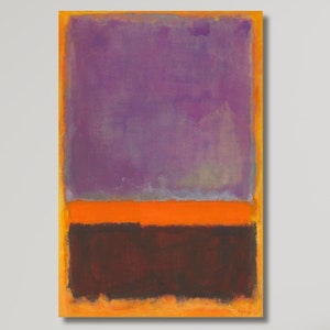 May include: Abstract painting with a purple, orange, and brown color scheme. The painting is framed and hanging on a white wall in a living room setting.