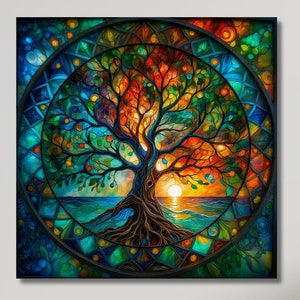 Tree of Life Mandala, Yggdrasil Painting Canvas, Stained Glass Print, Norse Mythology Art, World Tree Art,Celtic Wall Art,Vibrant Mandala/13